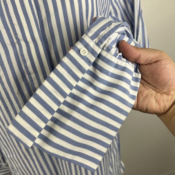 H&M Blouse Women 14 Blue White Vertical Striped Henley Long Sleeve Casual Top - Picture 10 of 14